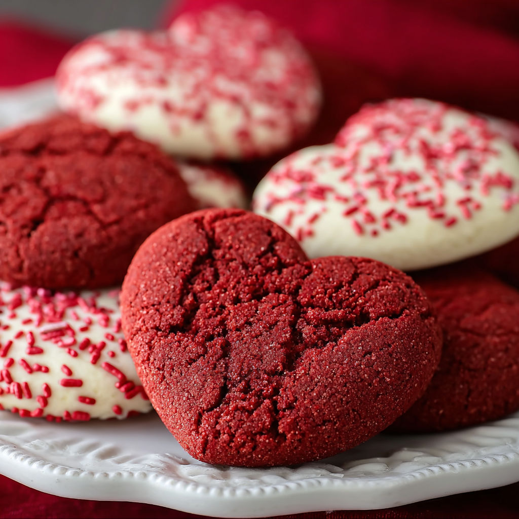 A plate of red velvet cookies with hearts on them.
