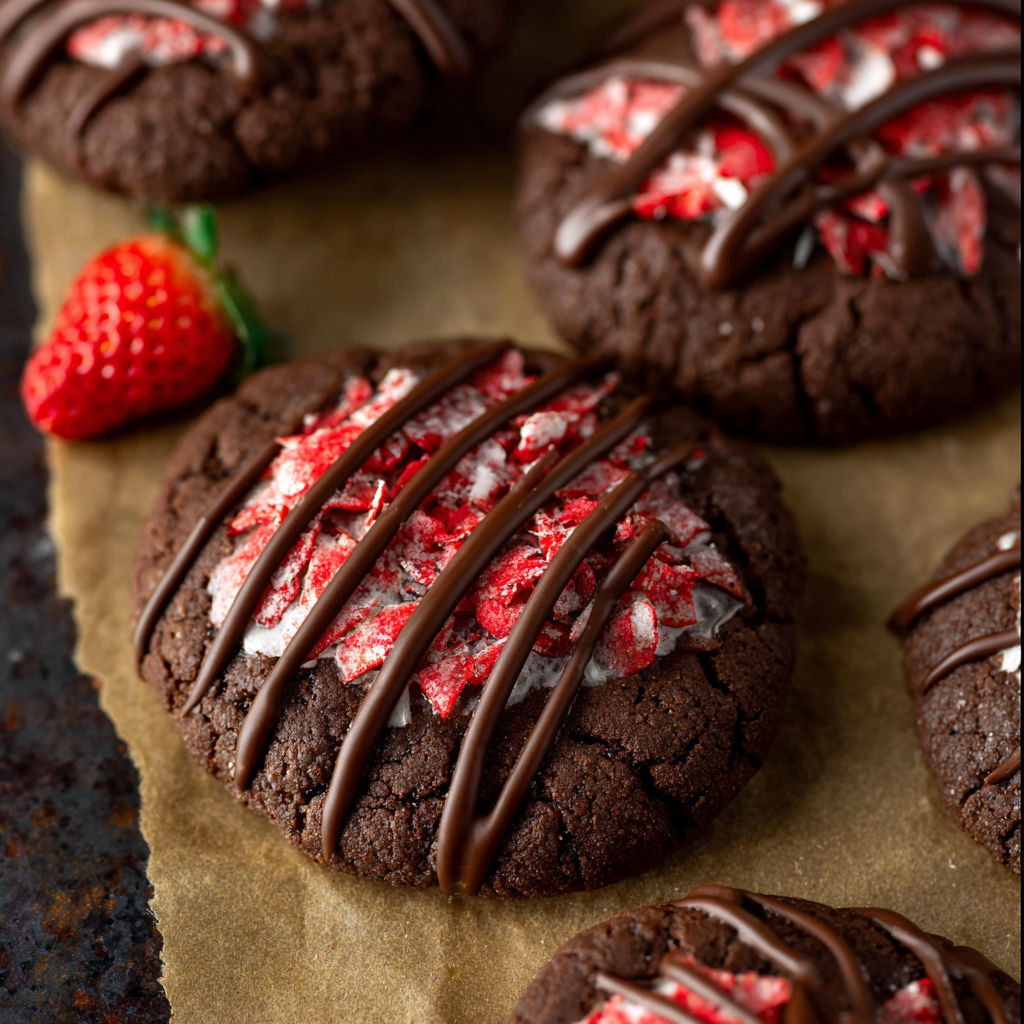 Chocolate covered strawberry cookies with white icing.