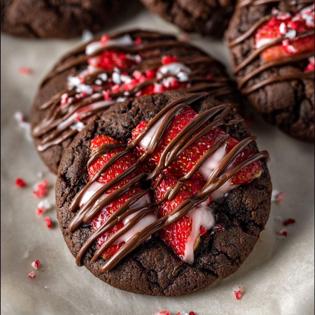 A chocolate covered strawberry cookie with white icing.
