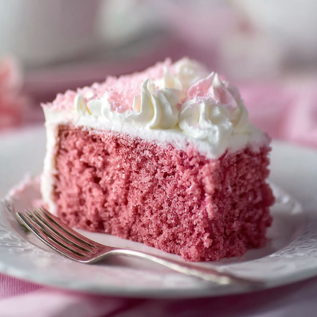 A piece of pink velvet cake on a plate.
