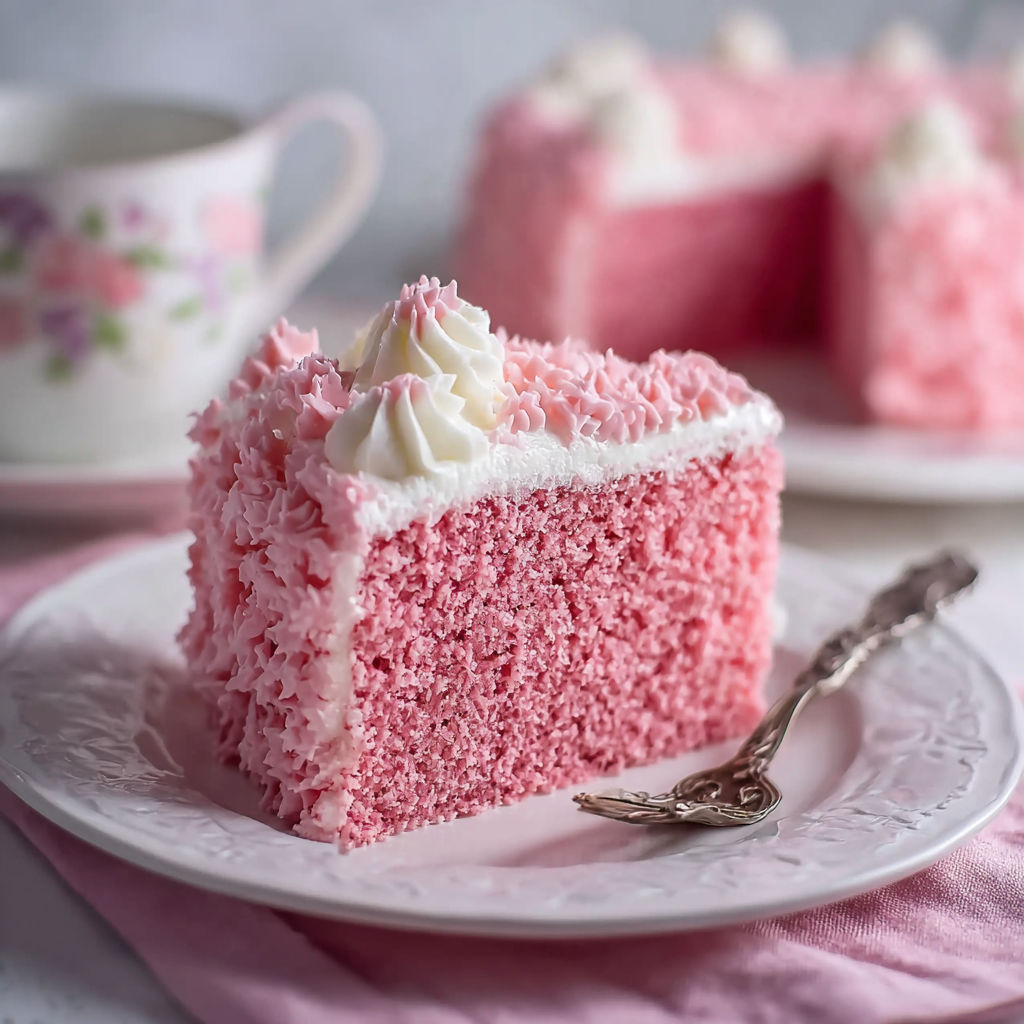 A slice of pink velvet cake on a plate.