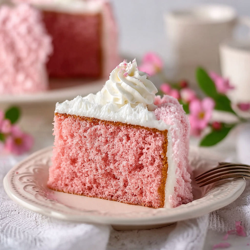 A slice of pink velvet cake with white frosting.
