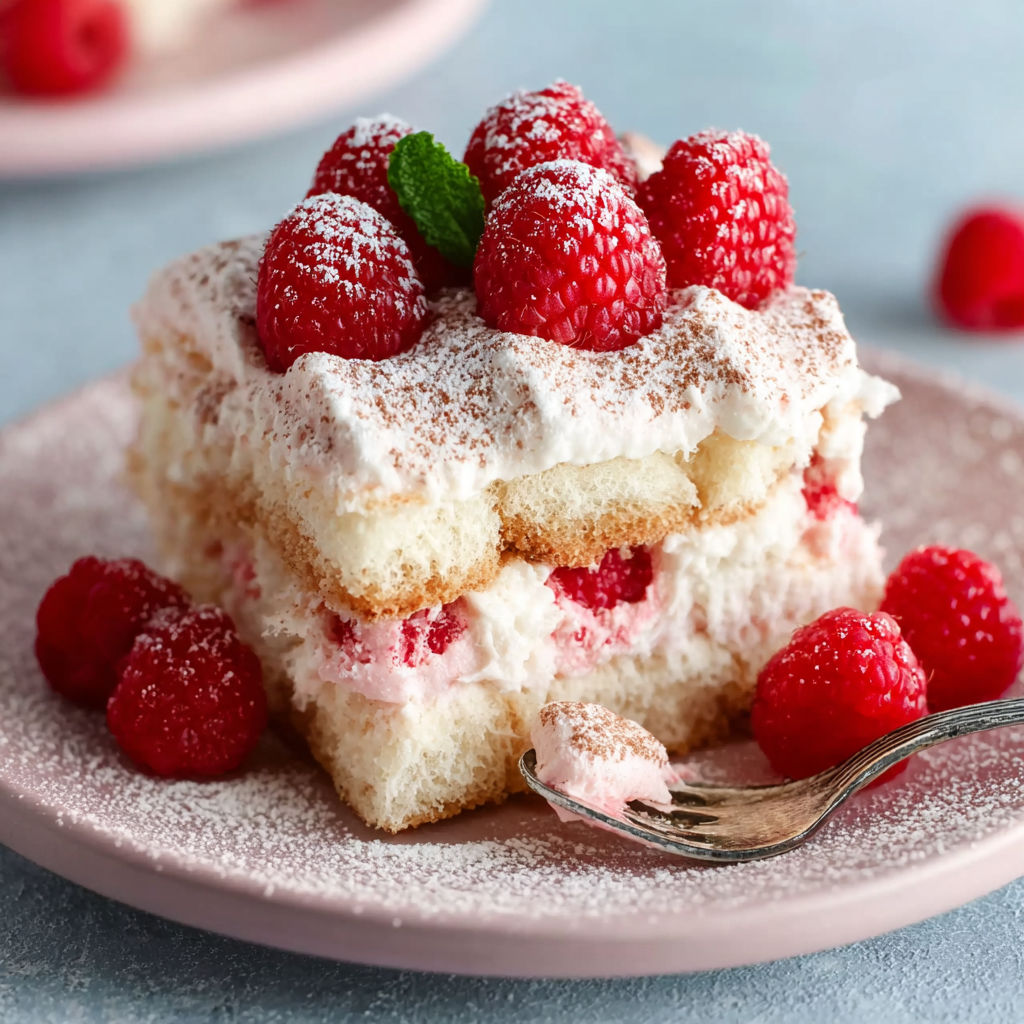 A slice of white chocolate raspberry tiramisu.