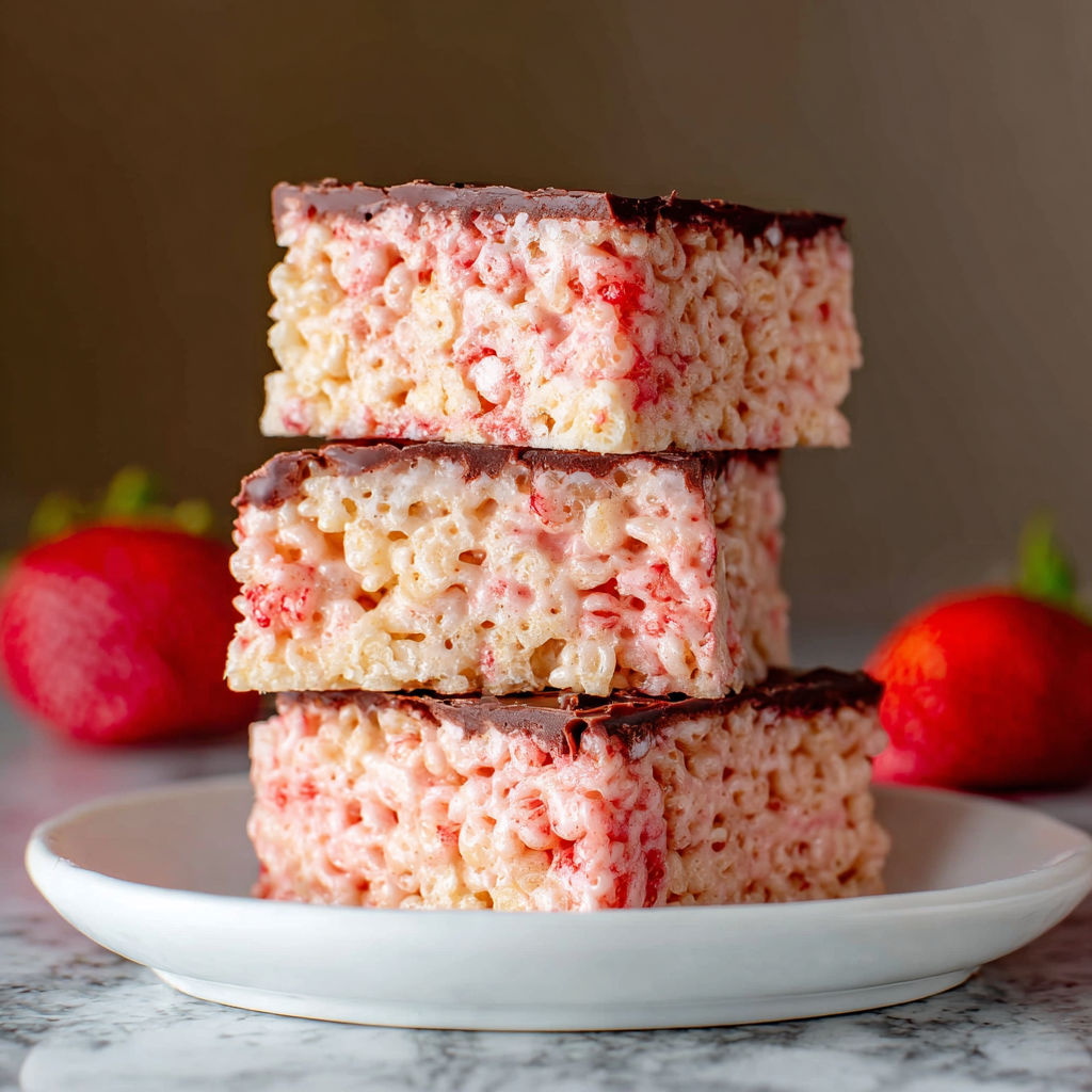 Three layers of rice krispie treats with strawberries on top.