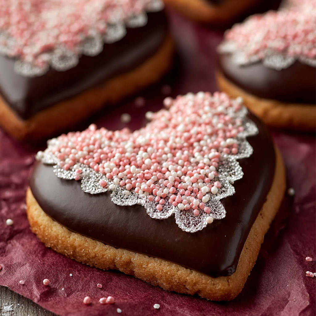 A close up of a chocolate dipped heart cookie.