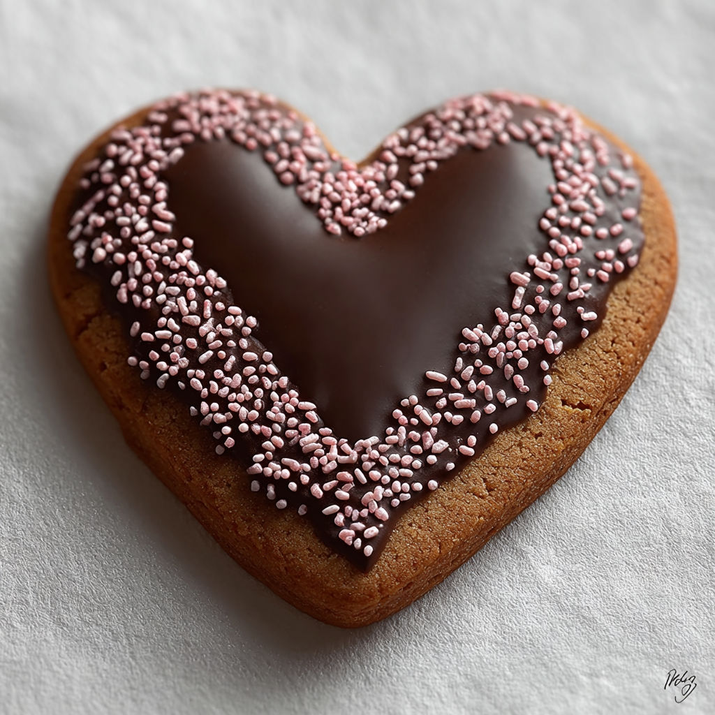 A chocolate dipped heart cookie.