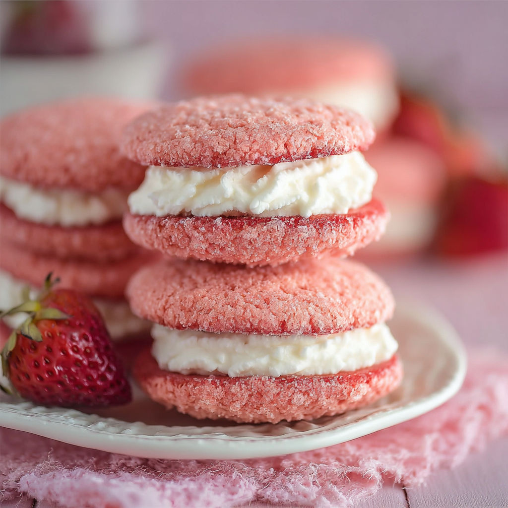 A plate of pink sandwich cookies with white frosting.