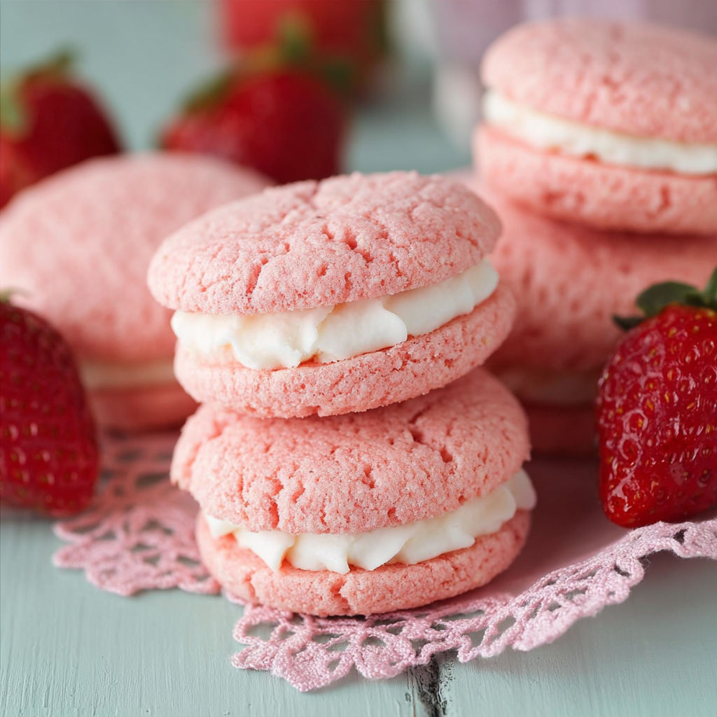 A stack of pink cookies with white frosting and strawberries.