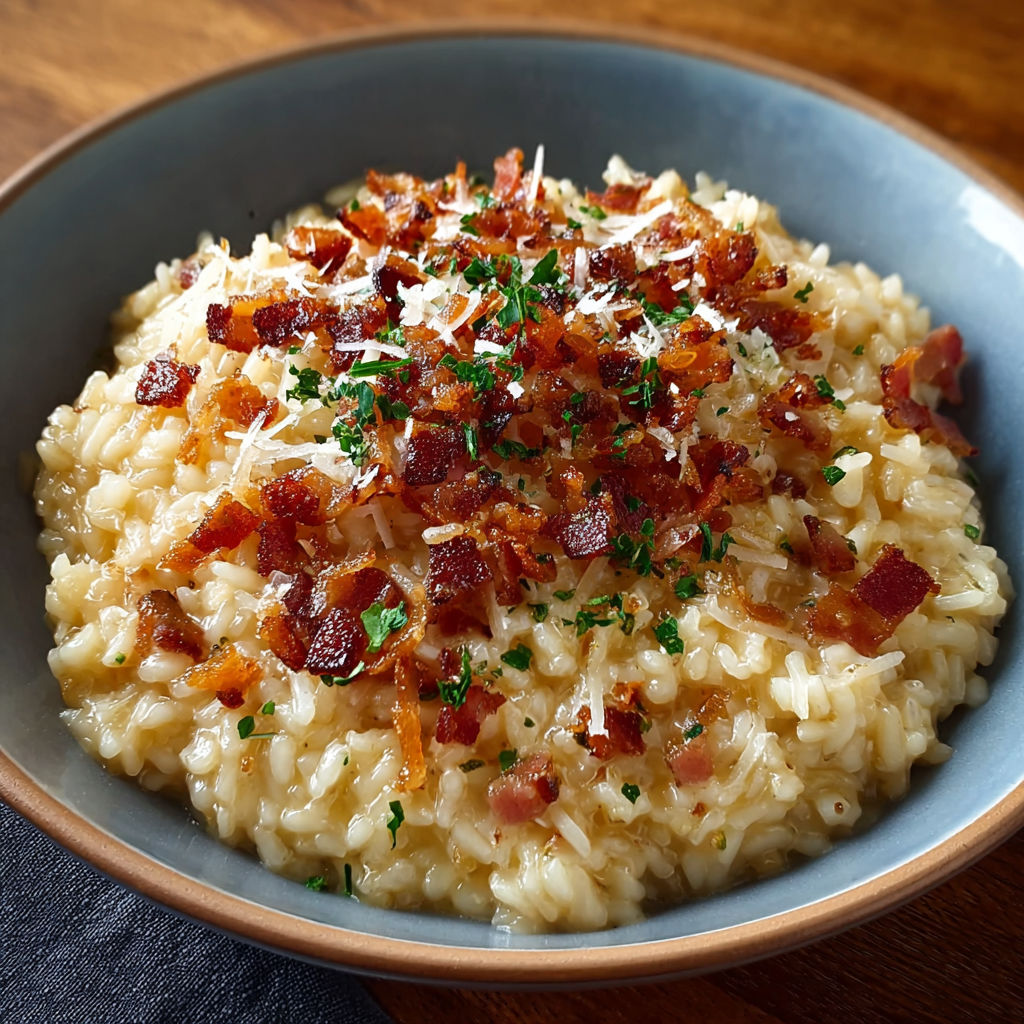 A bowl of rice with bacon and parmesan cheese.