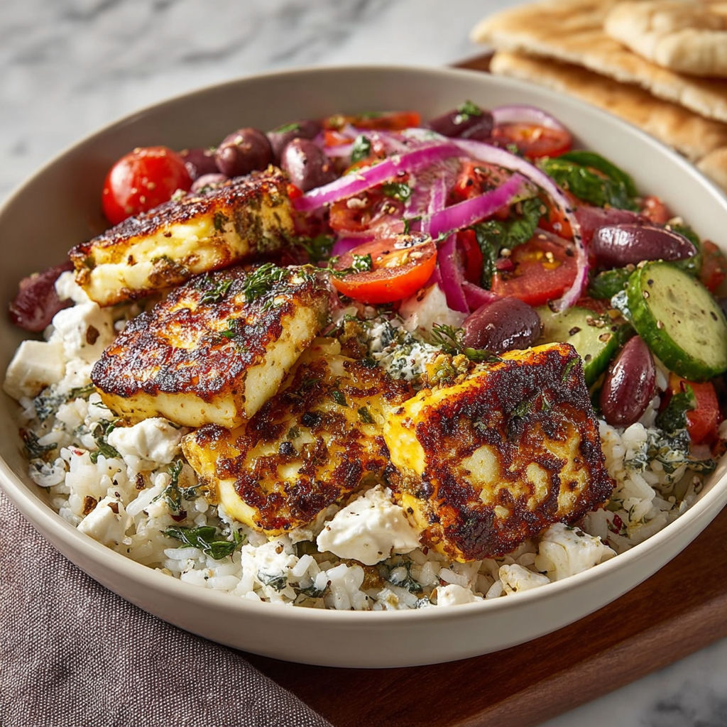 A bowl of Greek Halloumi Power Bowl.