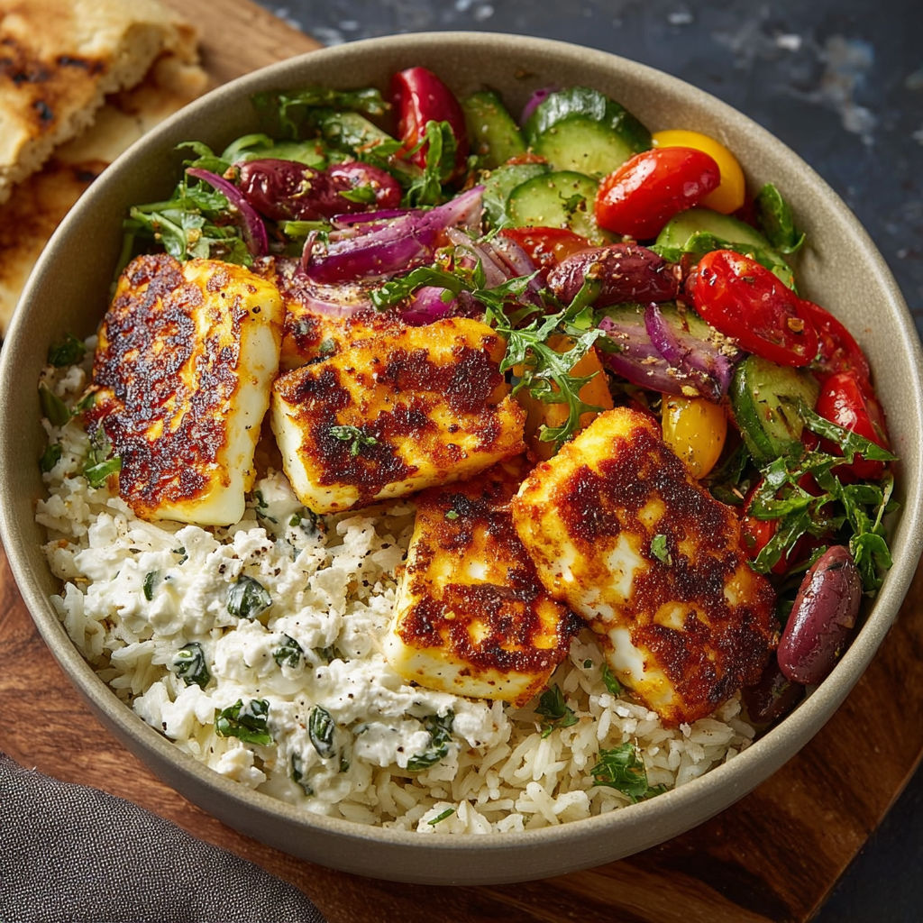 A bowl of food with rice, vegetables, and meat.