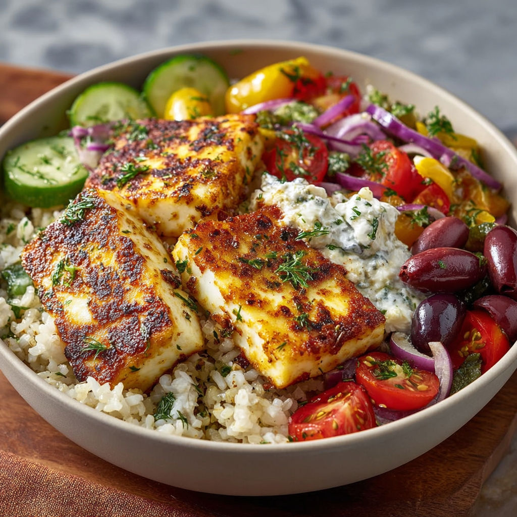 A Greek Halloumi Power Bowl with rice, tomatoes, cucumbers, and feta cheese.
