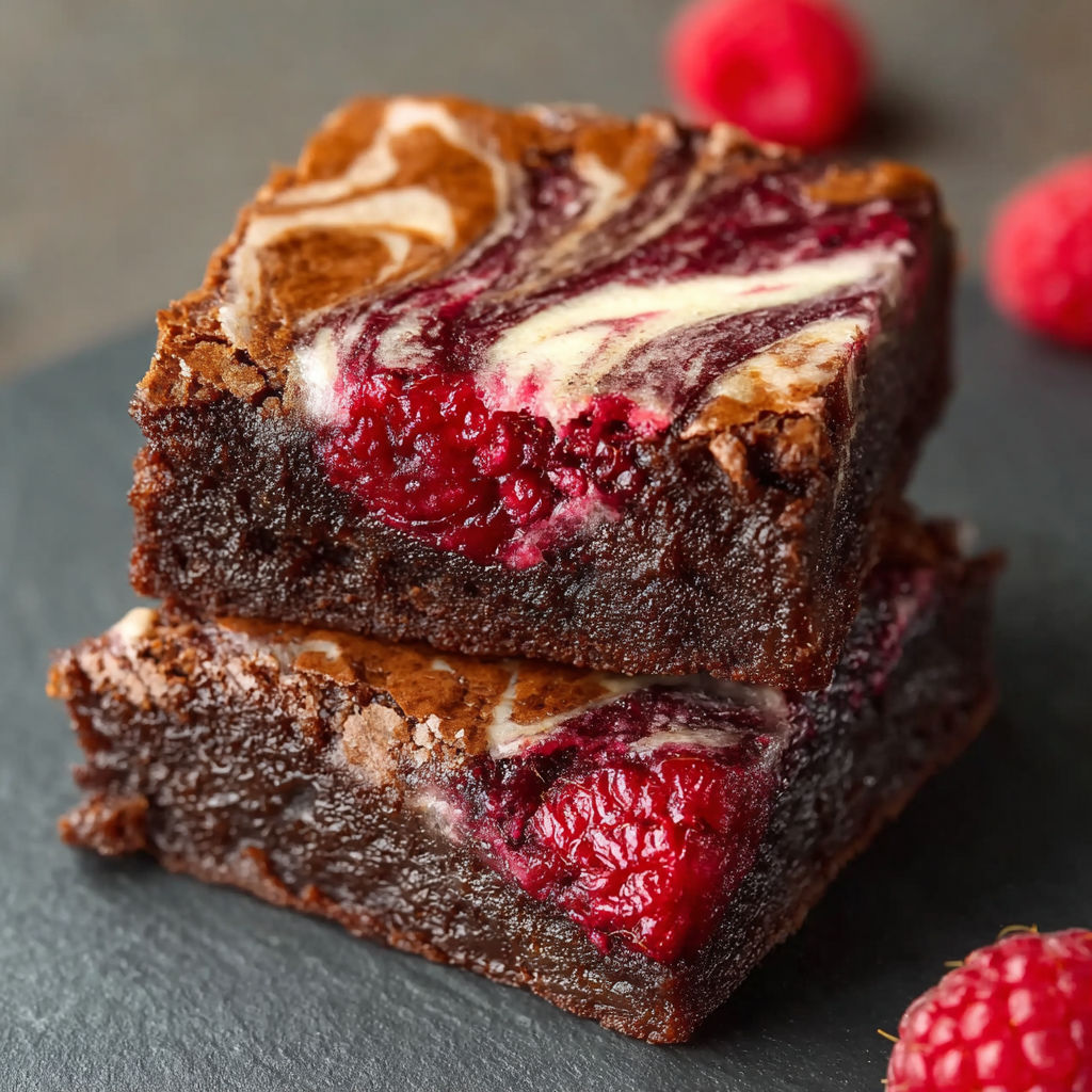 A slice of brownies with raspberry swirls.