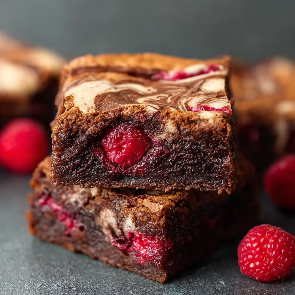A close up of a delicious chocolate and raspberry swirl brownie.