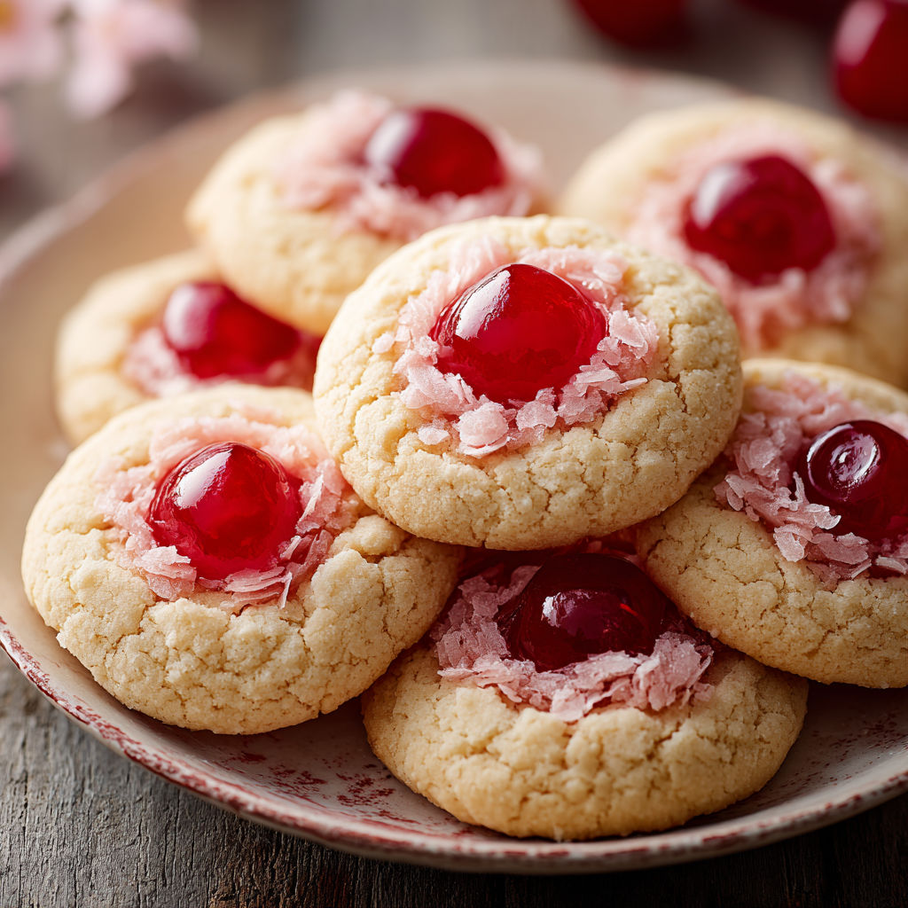 A plate of cookies with cherries on top.