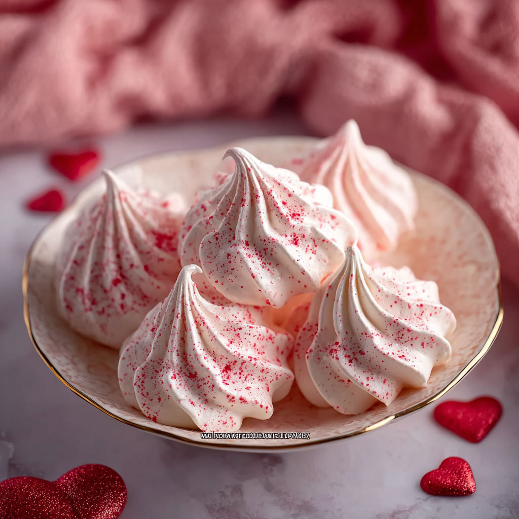 Three red heart-shaped meringue kisses.