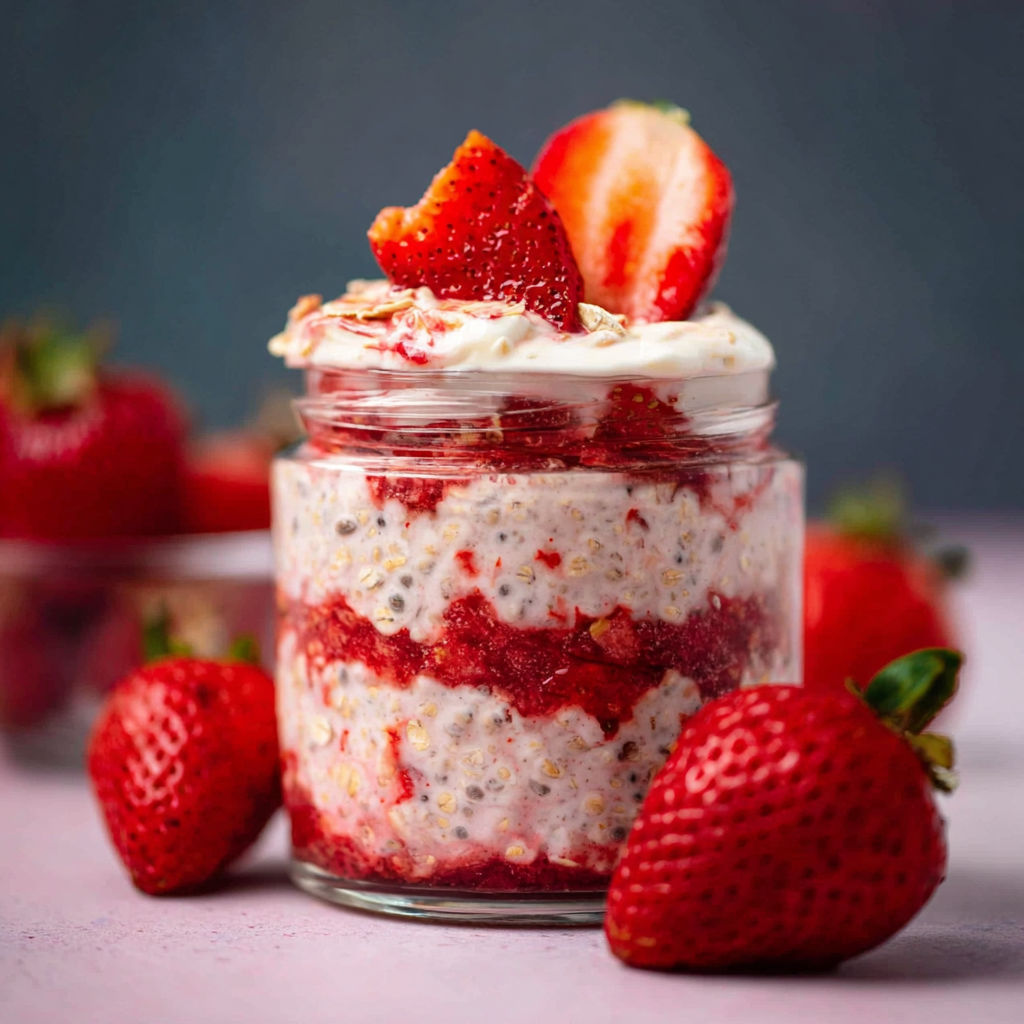 A jar of strawberry dessert with strawberries on the side.