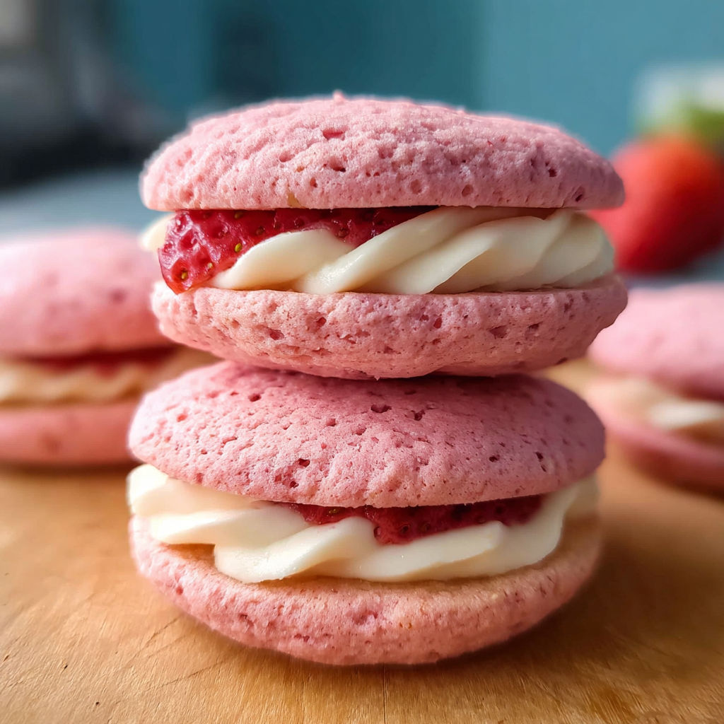 A stack of pink and white cookies.