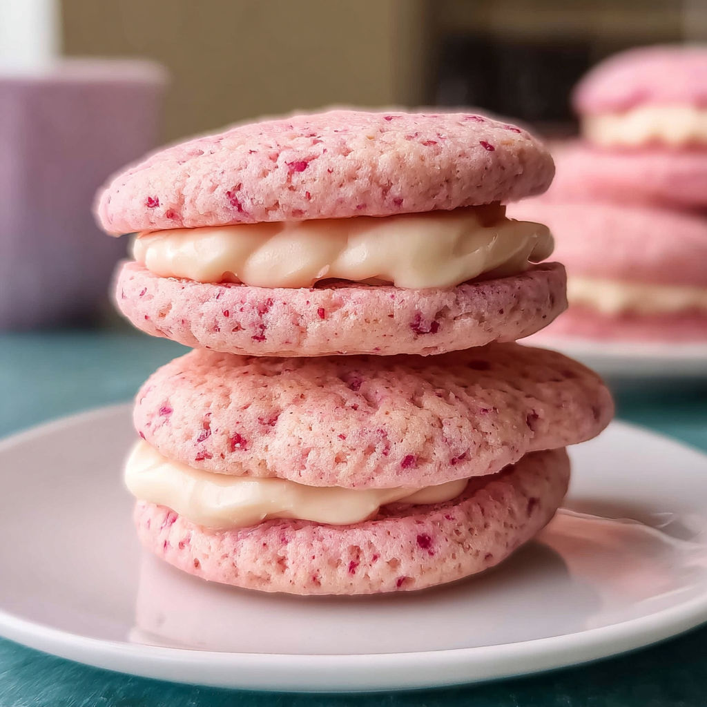 A stack of soft strawberry cake mix sandwich cookies.