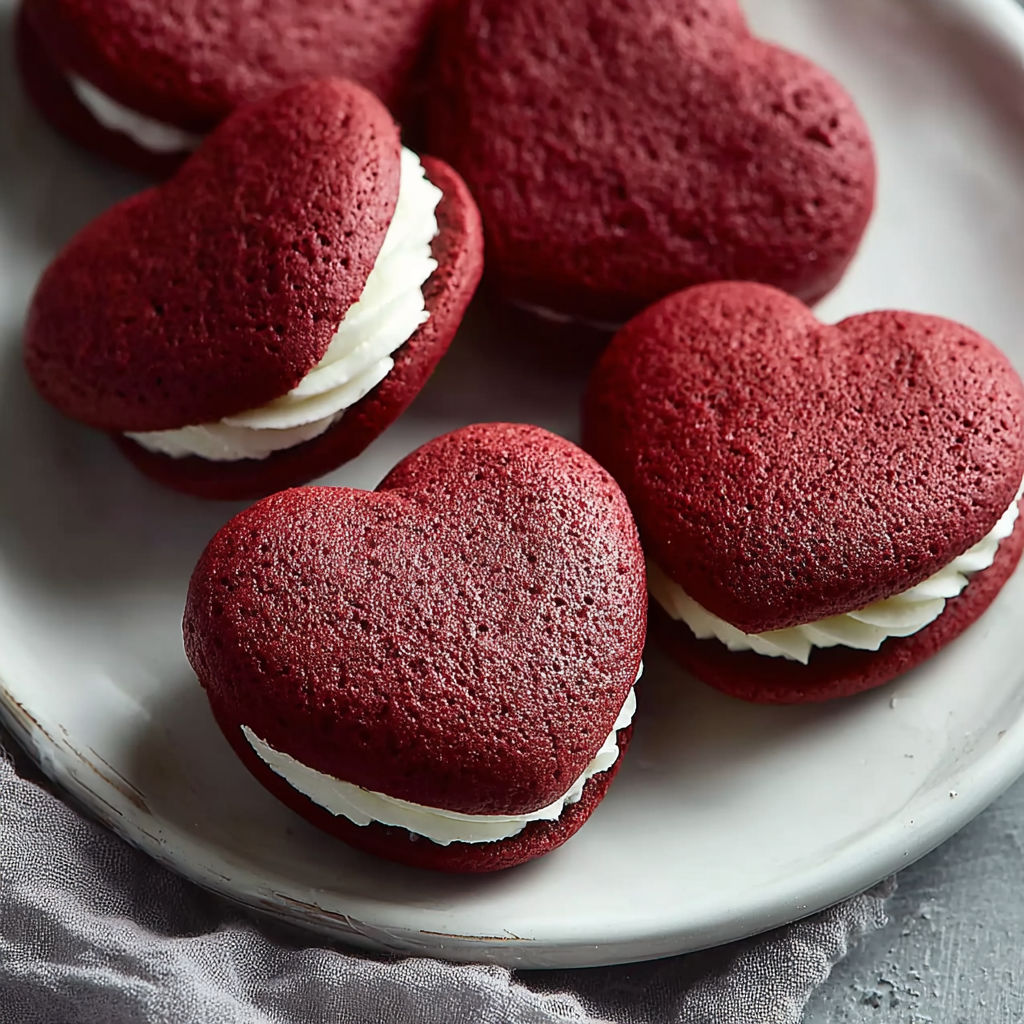 A plate of red velvet heart-shaped cookies.