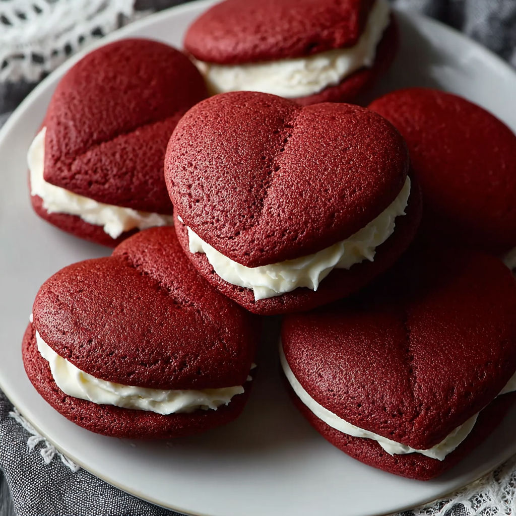 A plate of red velvet heart-shaped cookies.