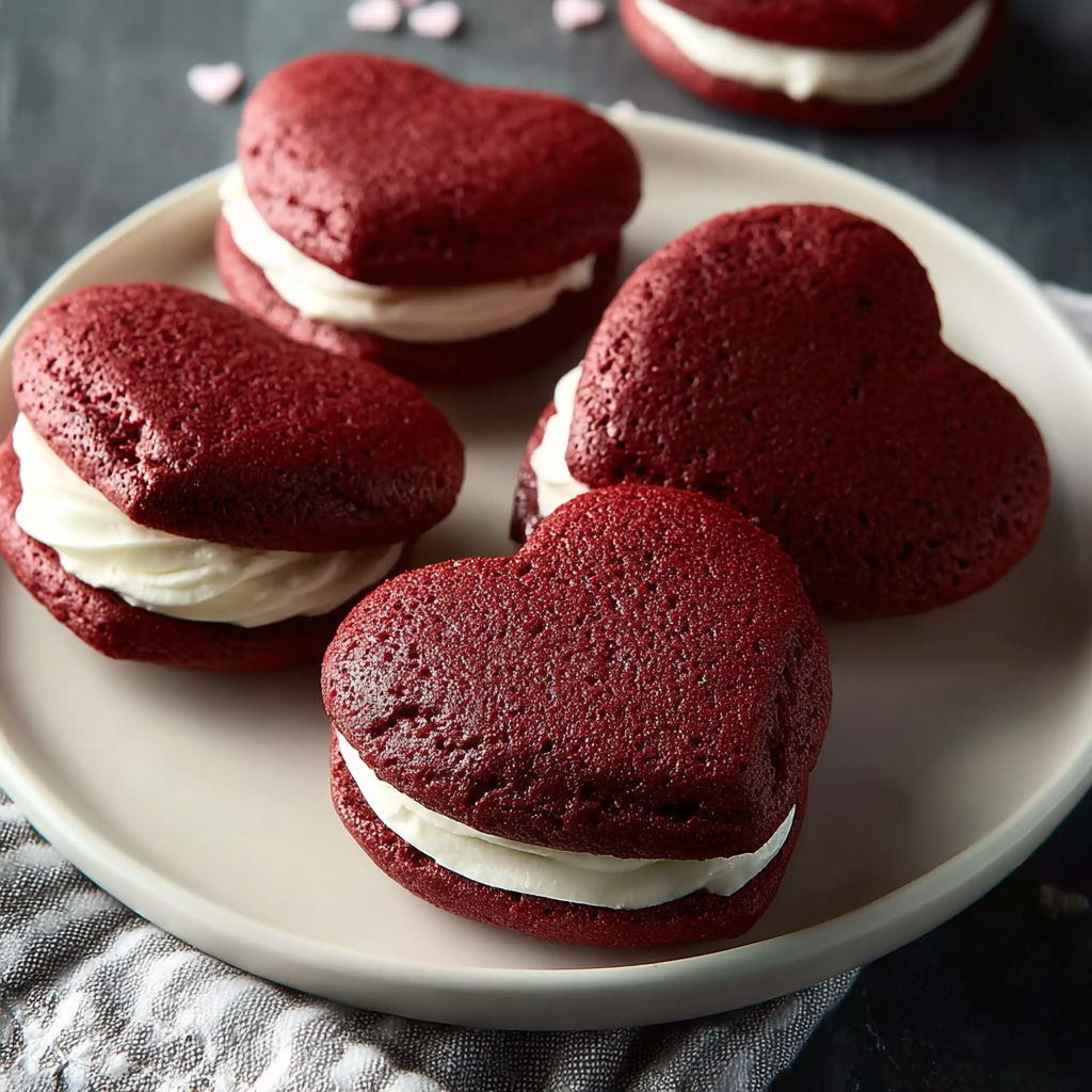 A plate of heart-shaped red velvet whoopie pies.