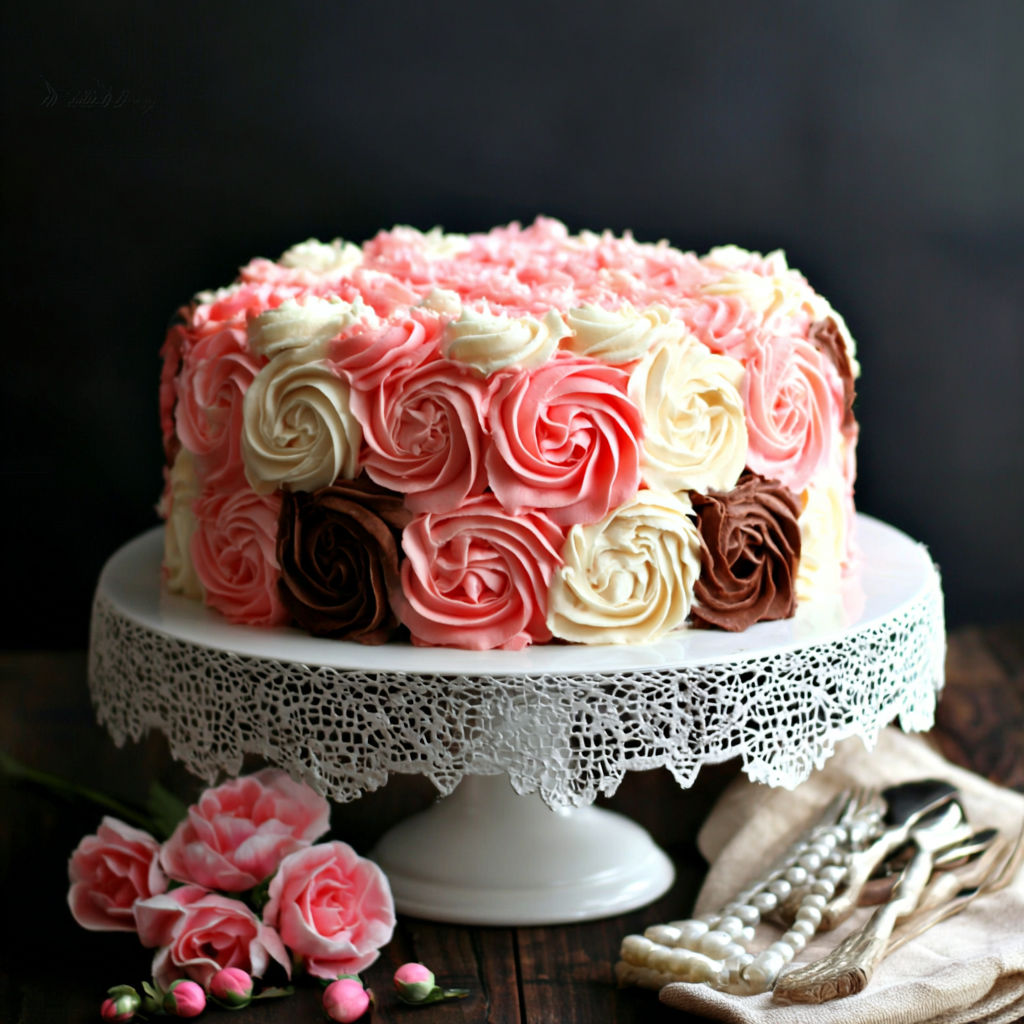 A cake with pink and white frosting.