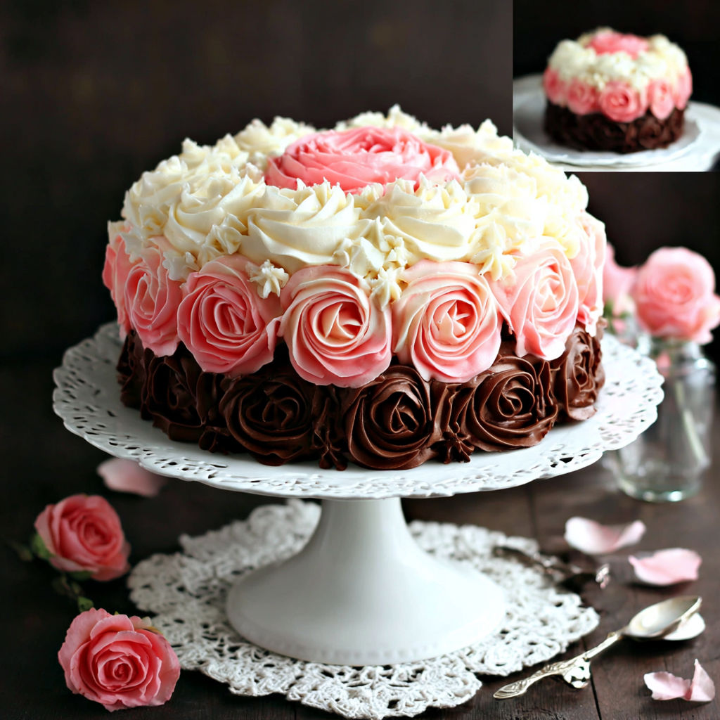 A cake with pink roses on it.