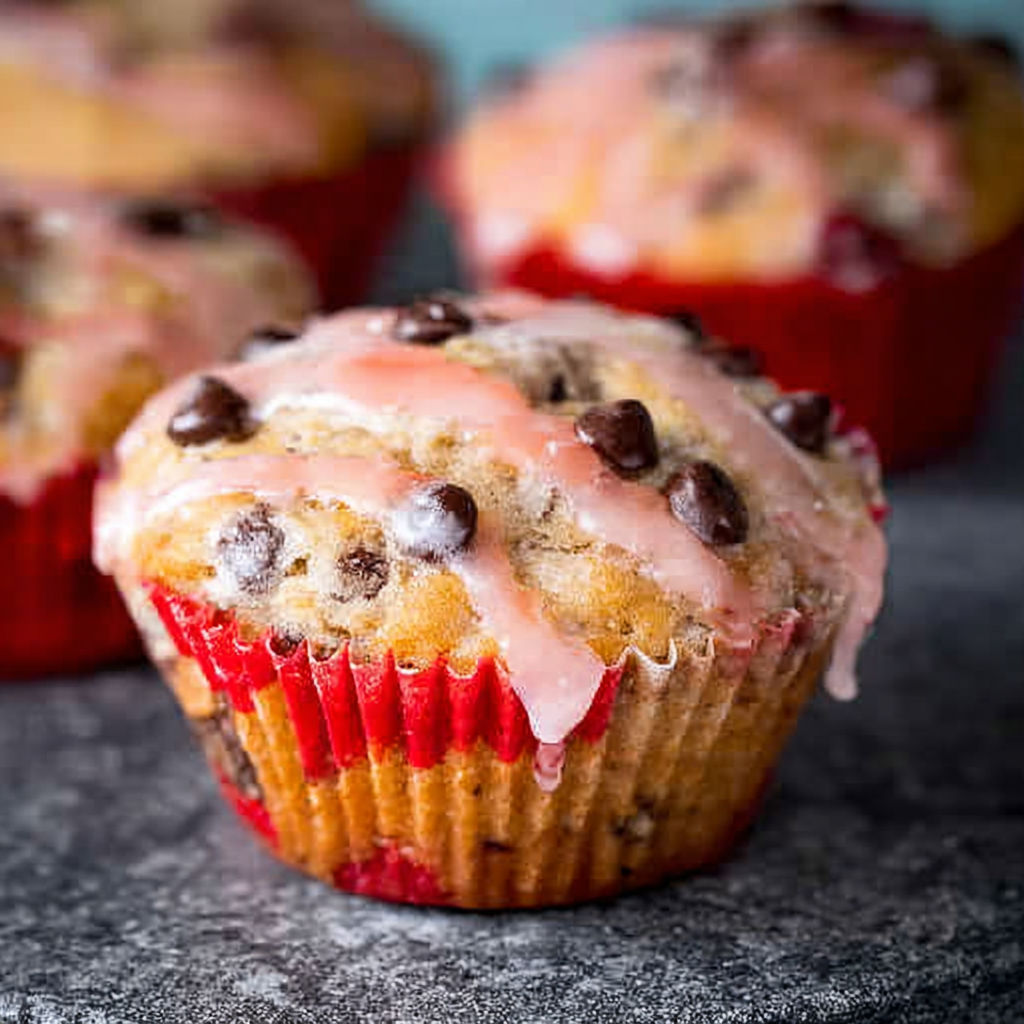 A cupcake with chocolate chips and pink icing.