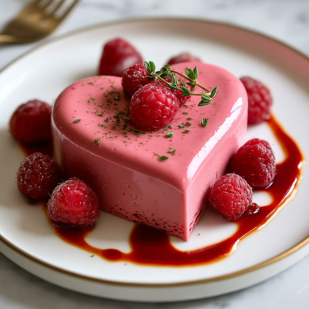 A heart-shaped raspberry mousse dessert.
