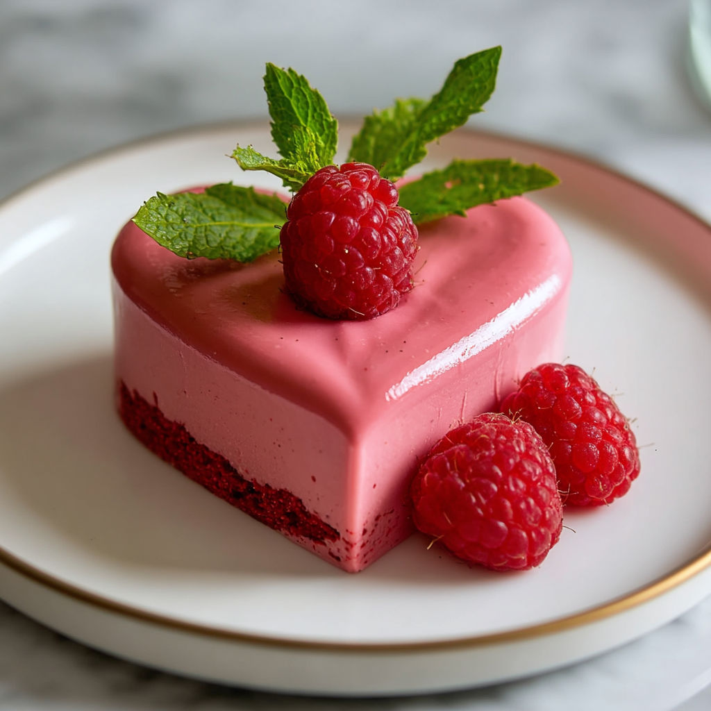 A heart-shaped raspberry mousse on a plate.