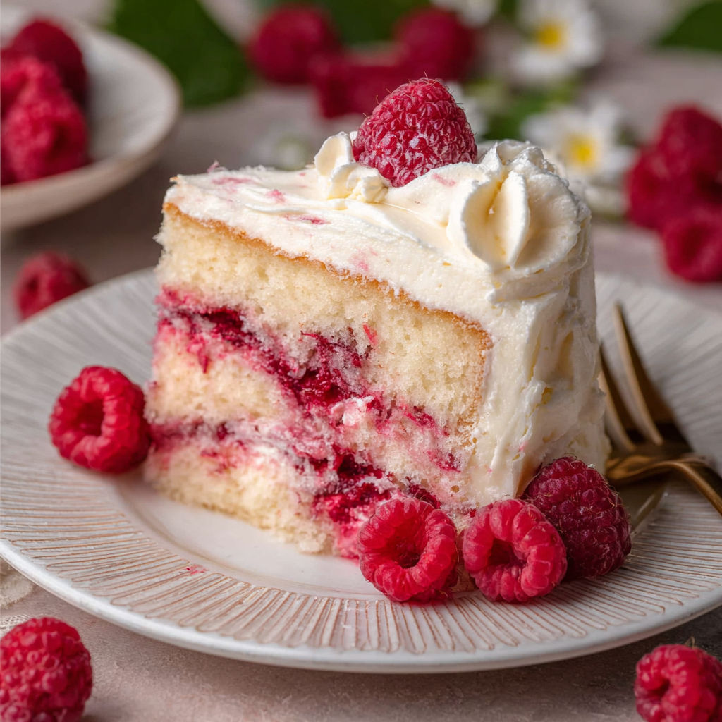 A slice of white chocolate raspberry cake on a plate.