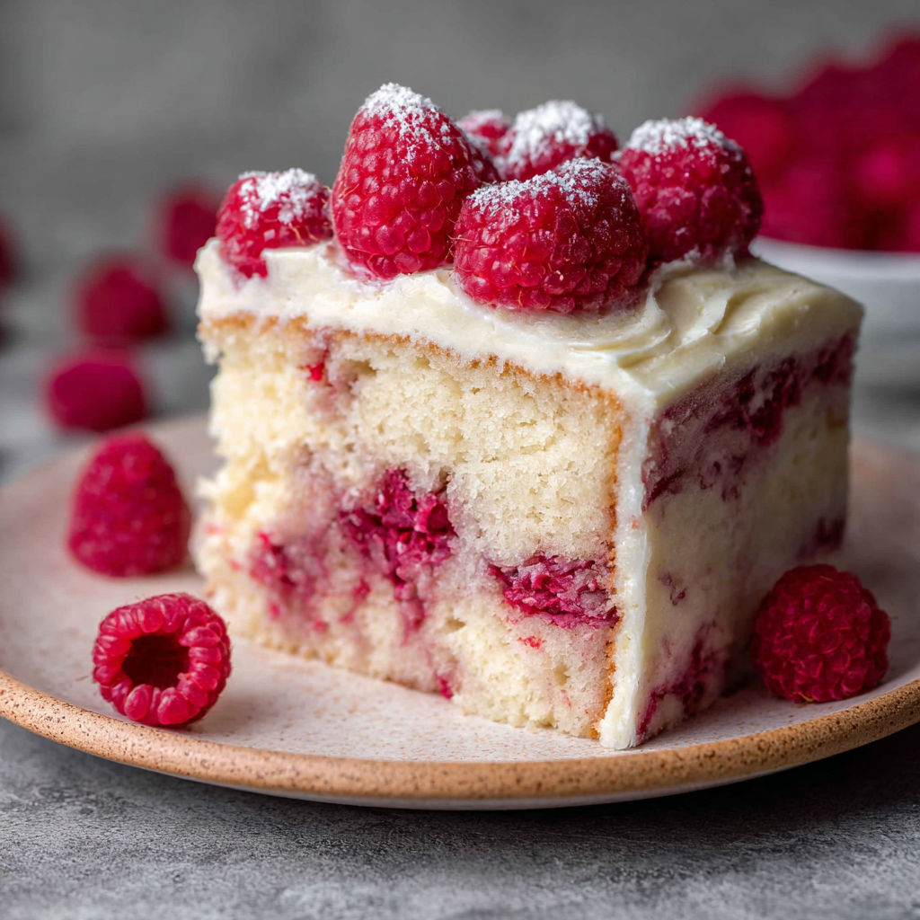 A slice of white chocolate raspberry cake.