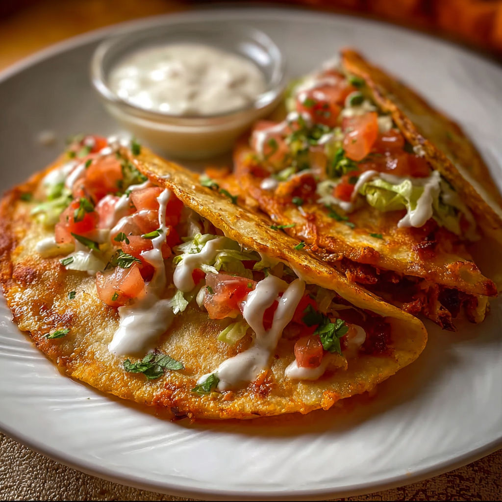 Two tacos with tomatoes and white sauce.