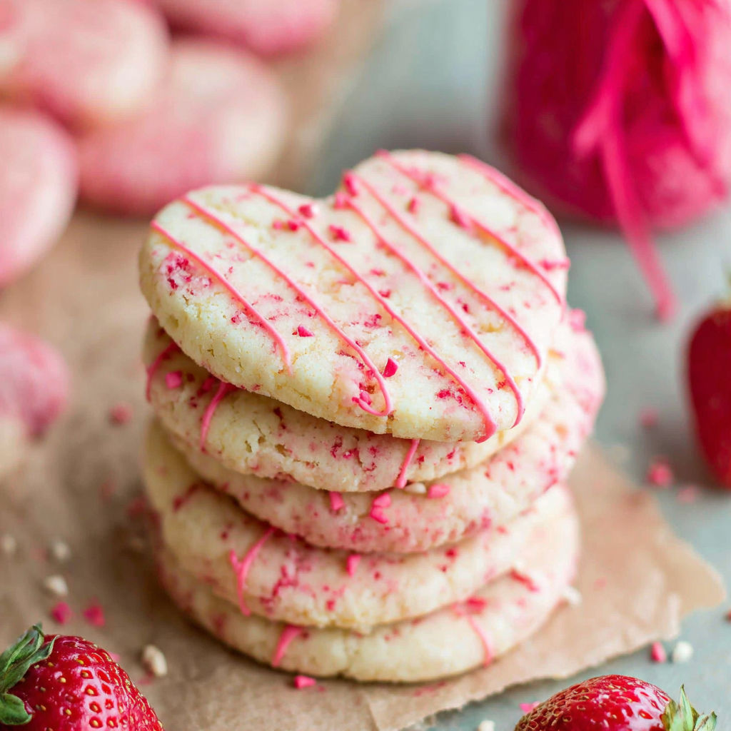 A stack of pink and white cookies with pink frosting.