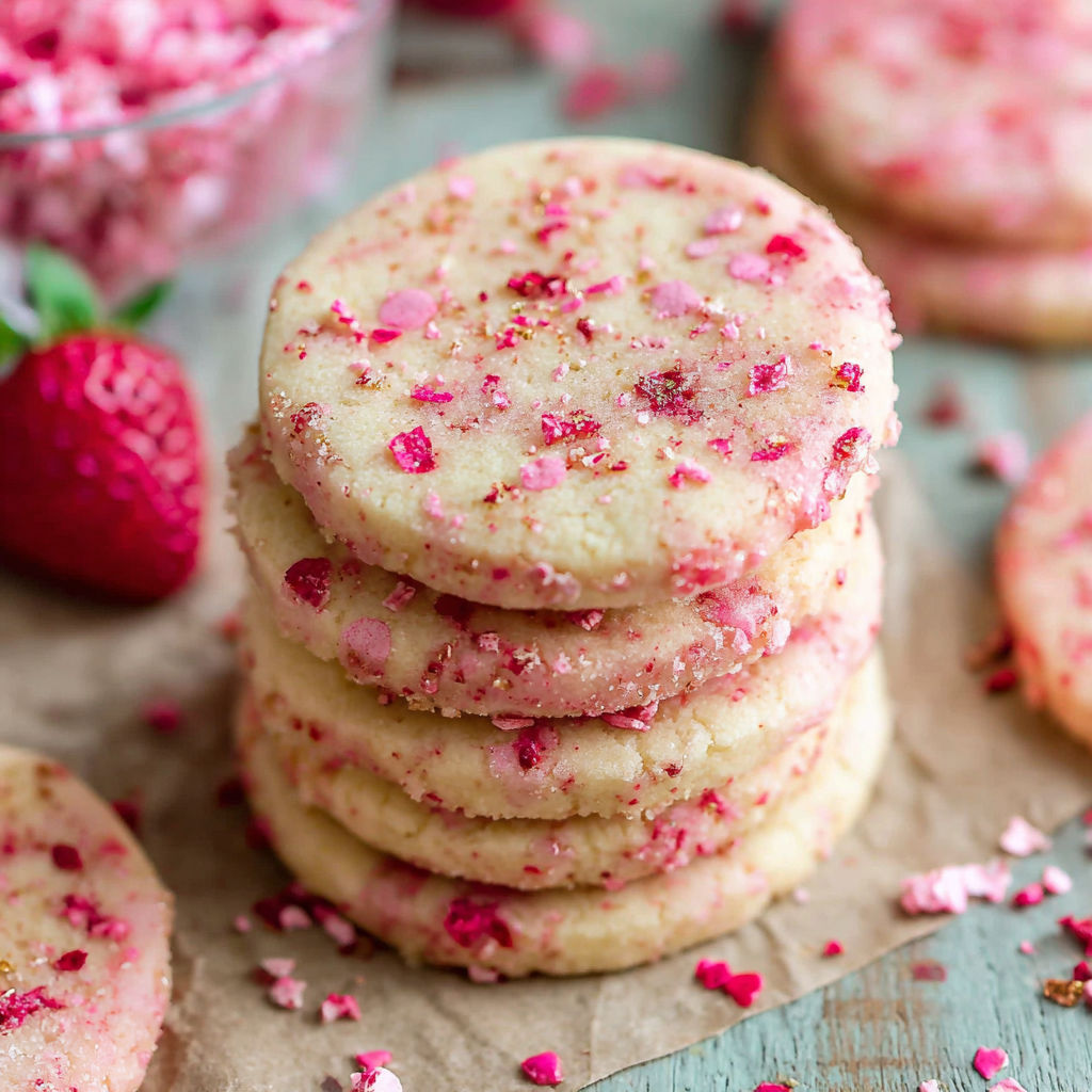 A stack of pink shortbread cookies with strawberries on top.