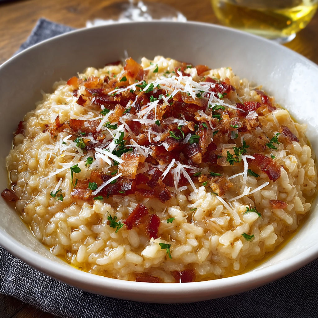 A bowl of rice with bacon and parmesan cheese.