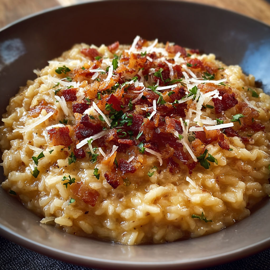 A bowl of rice with bacon and parmesan cheese.