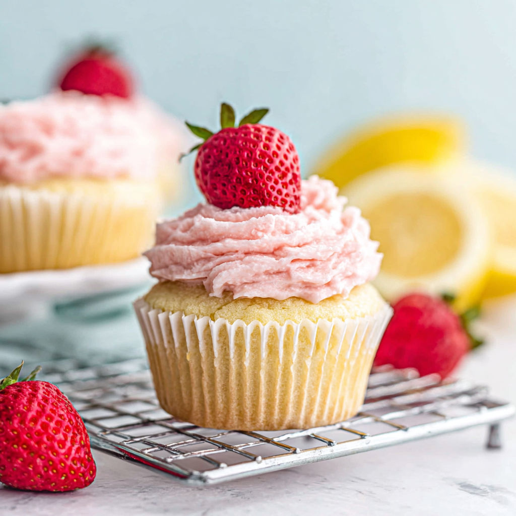 A cupcake with a strawberry on top.