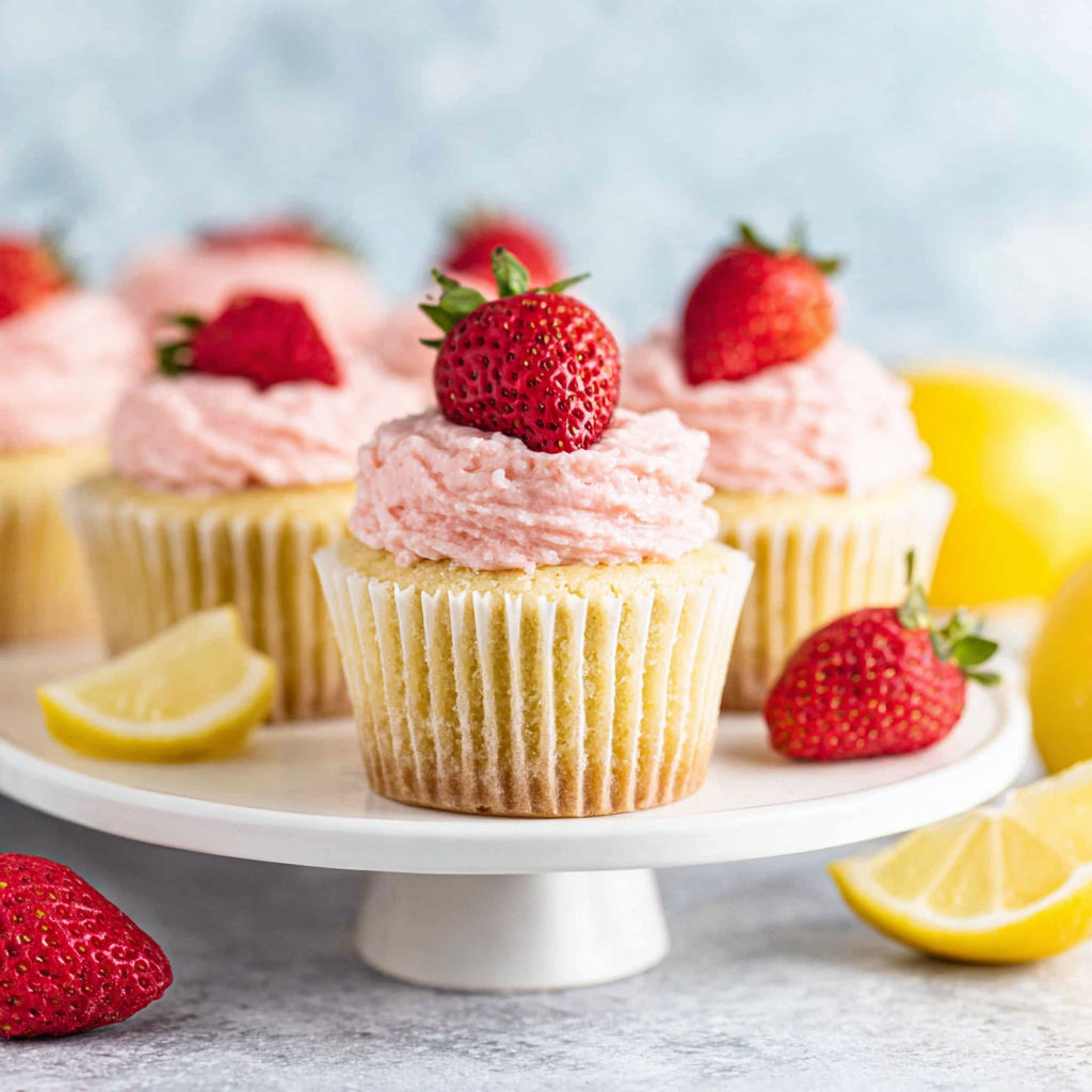 A plate of cupcakes with strawberries on top.
