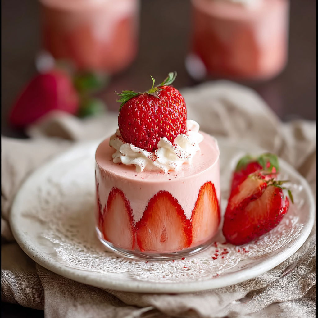 A slice of strawberry mousse on a plate.