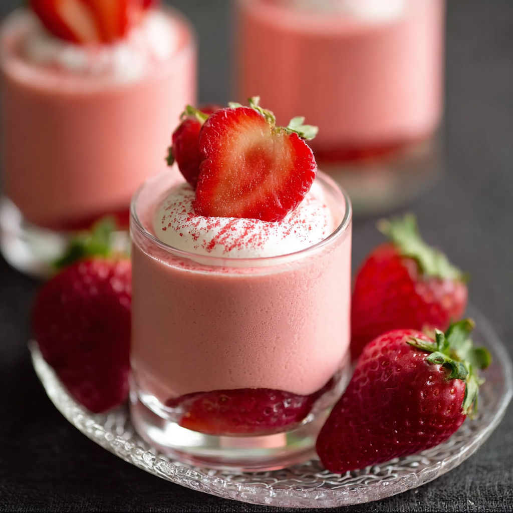 A glass of strawberry mousse with strawberries on the side.