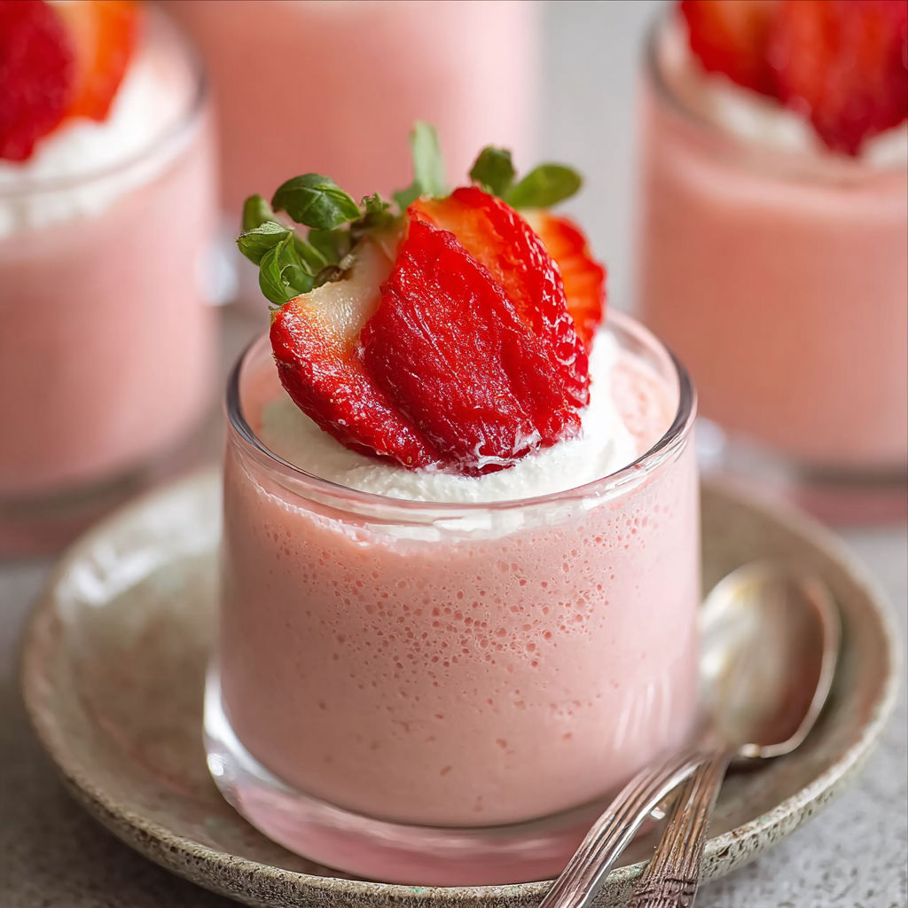 A glass of strawberry mousse with a strawberry on top.