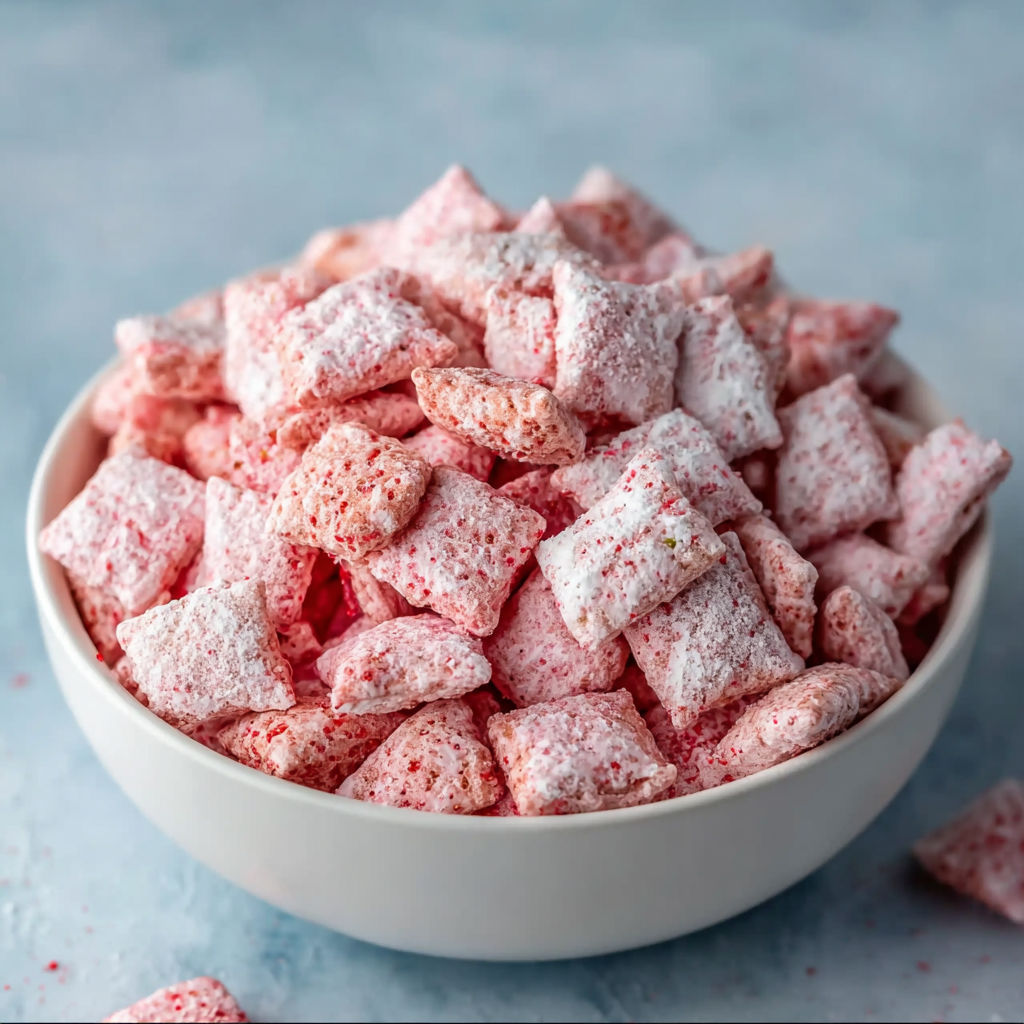 A bowl of puppy chow with strawberries on top.