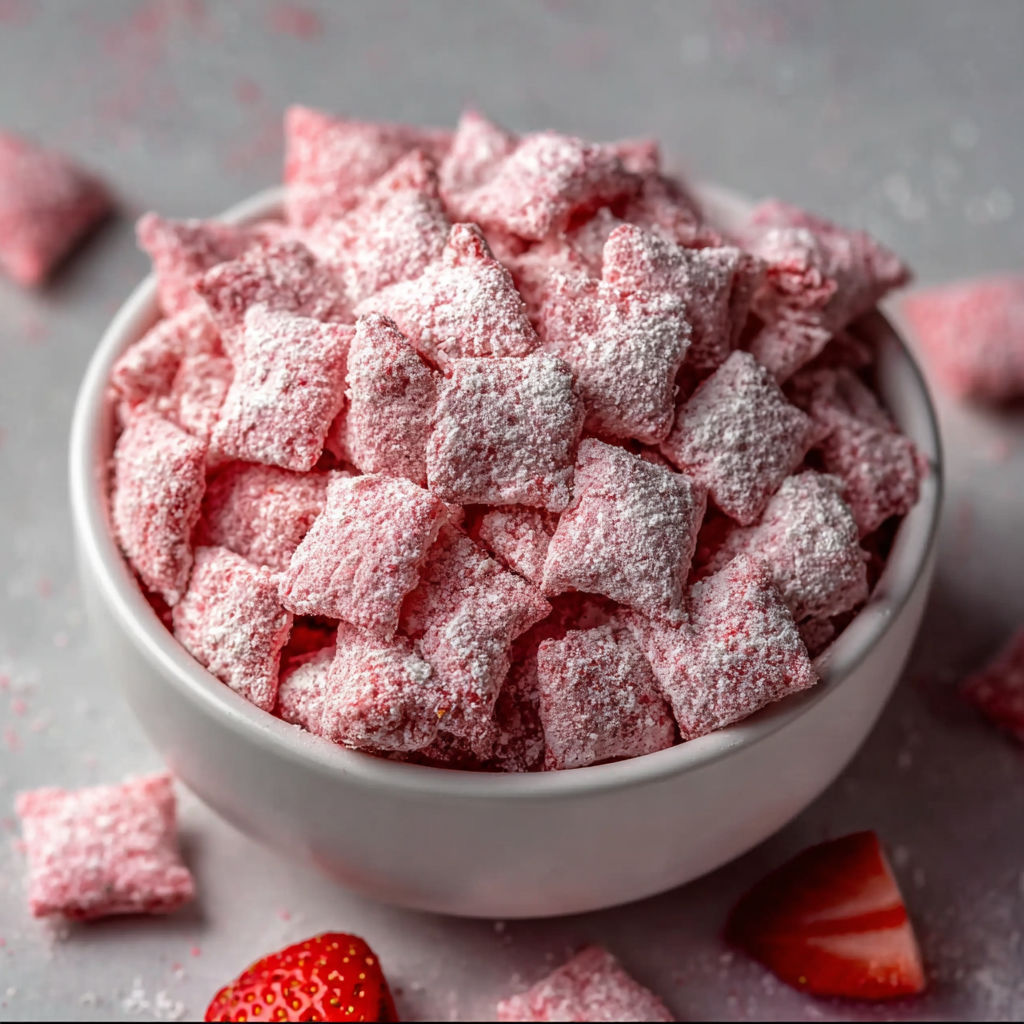 A bowl of pink puppy chow.