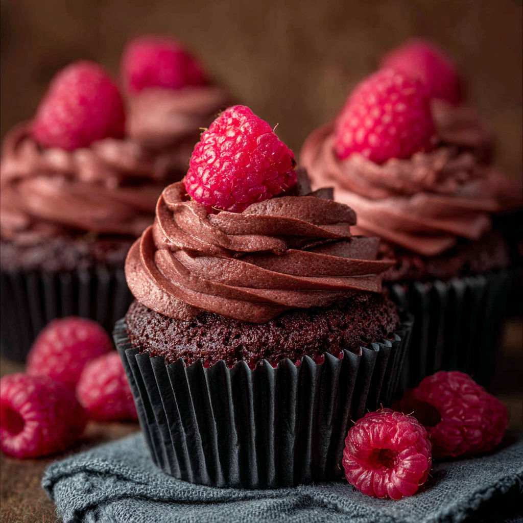 A chocolate cupcake with a raspberry on top.