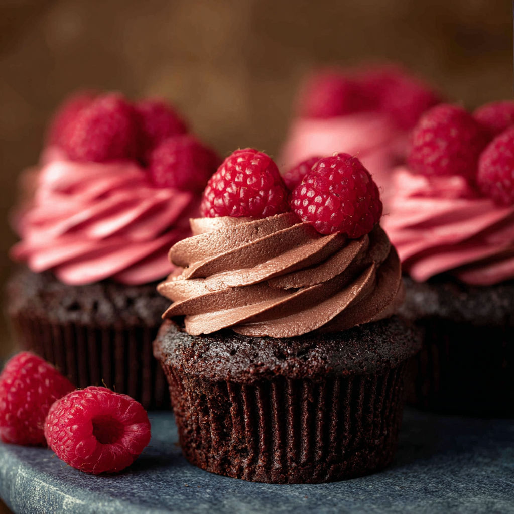 A chocolate cupcake with raspberries on top.