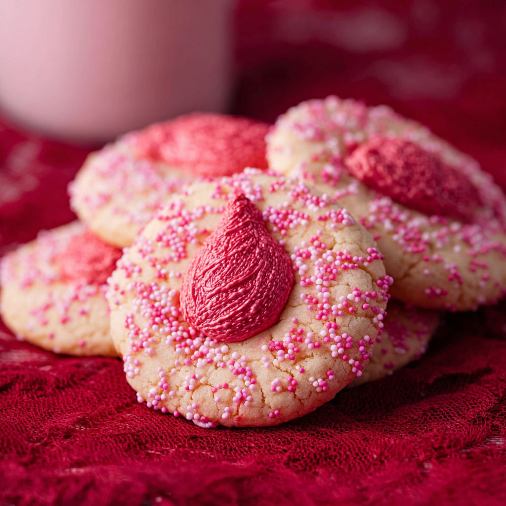 A pink cookie with a white frosting and pink sprinkles.