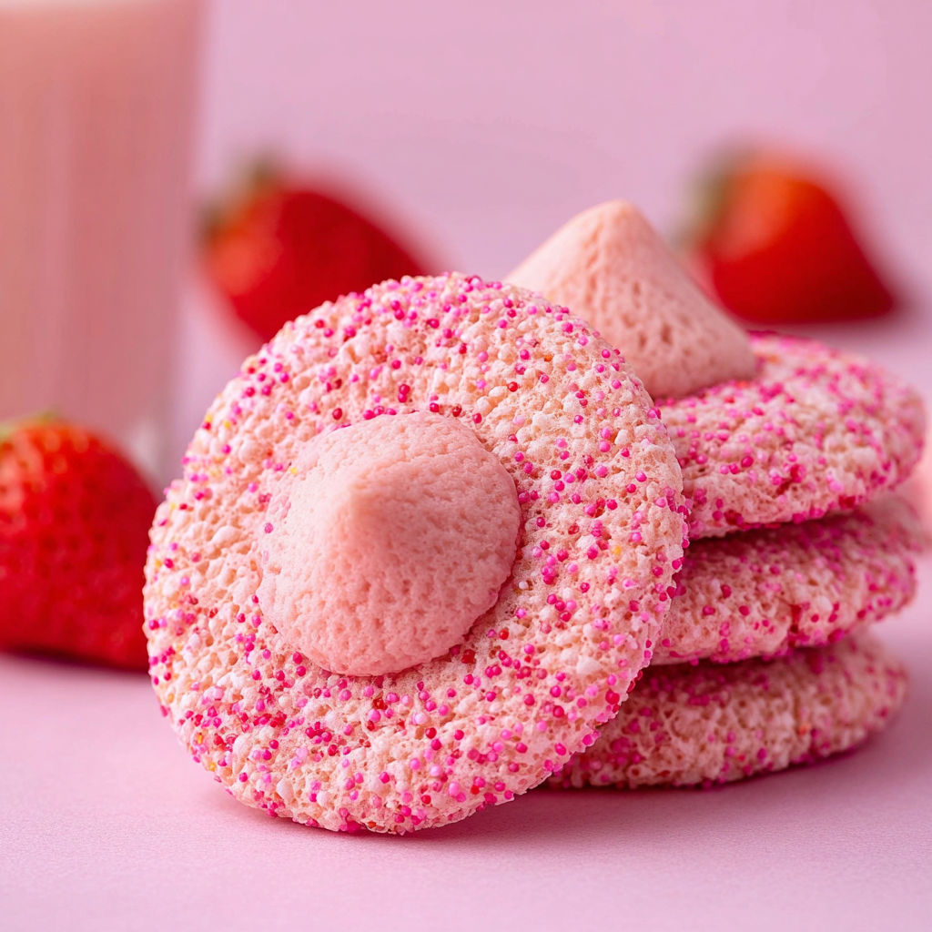 A pink cookie with a white frosting and pink sprinkles.