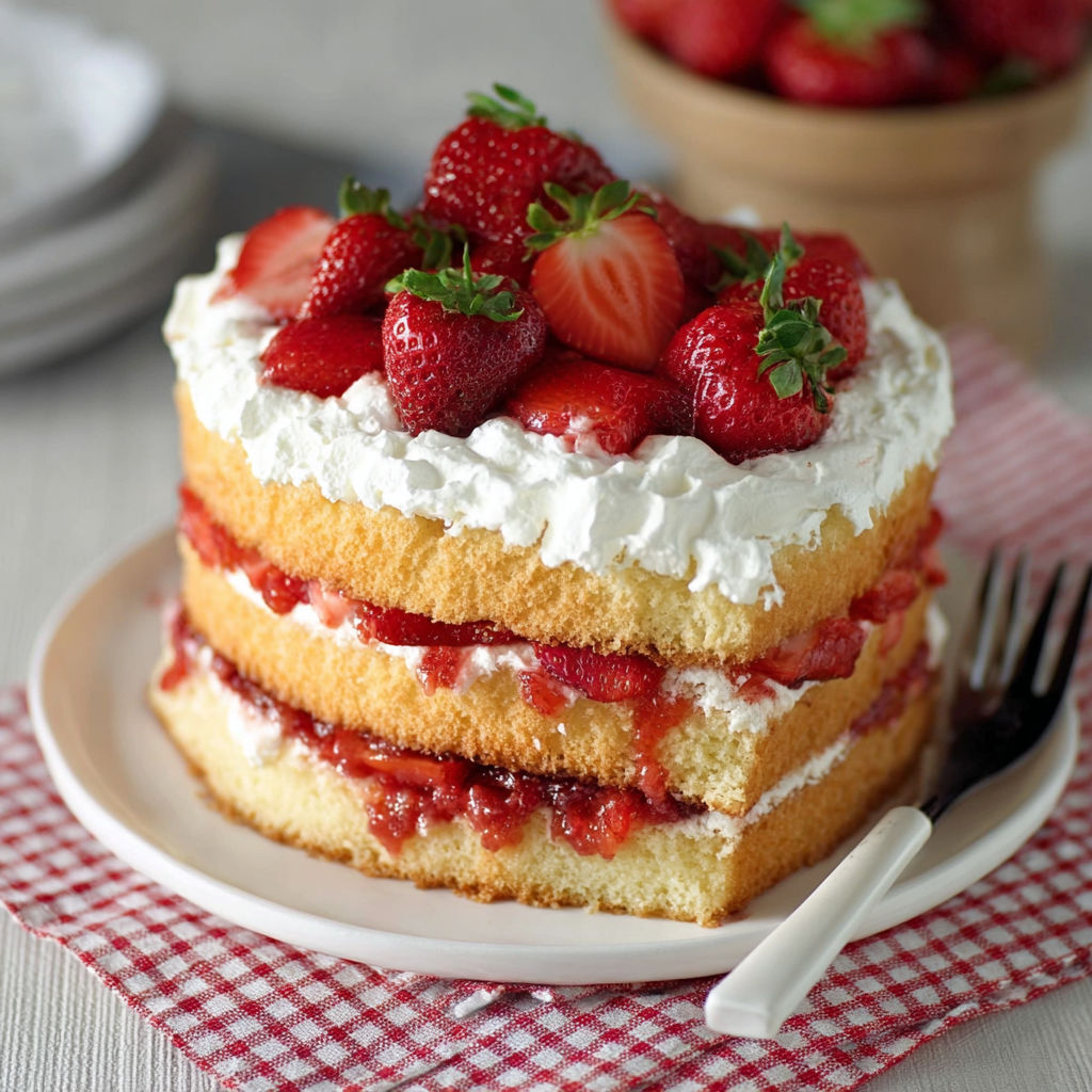 A slice of strawberry shortcake cake.
